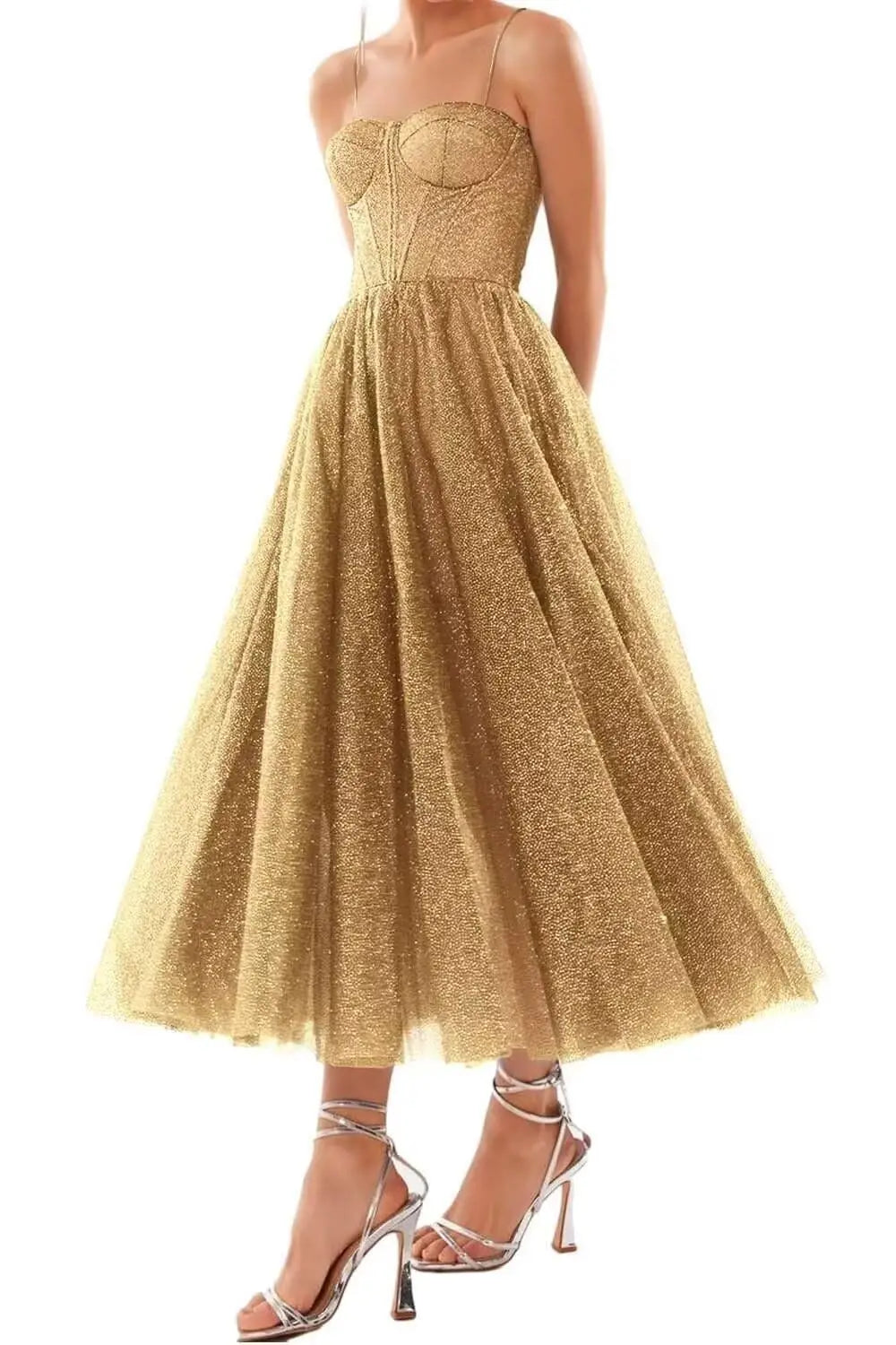 A Line Glitter Tea Length Formal Evening Cocktail Party Dresses for Women, Sequined Spaghetti Midi Corset Prom Gowns Cocktail