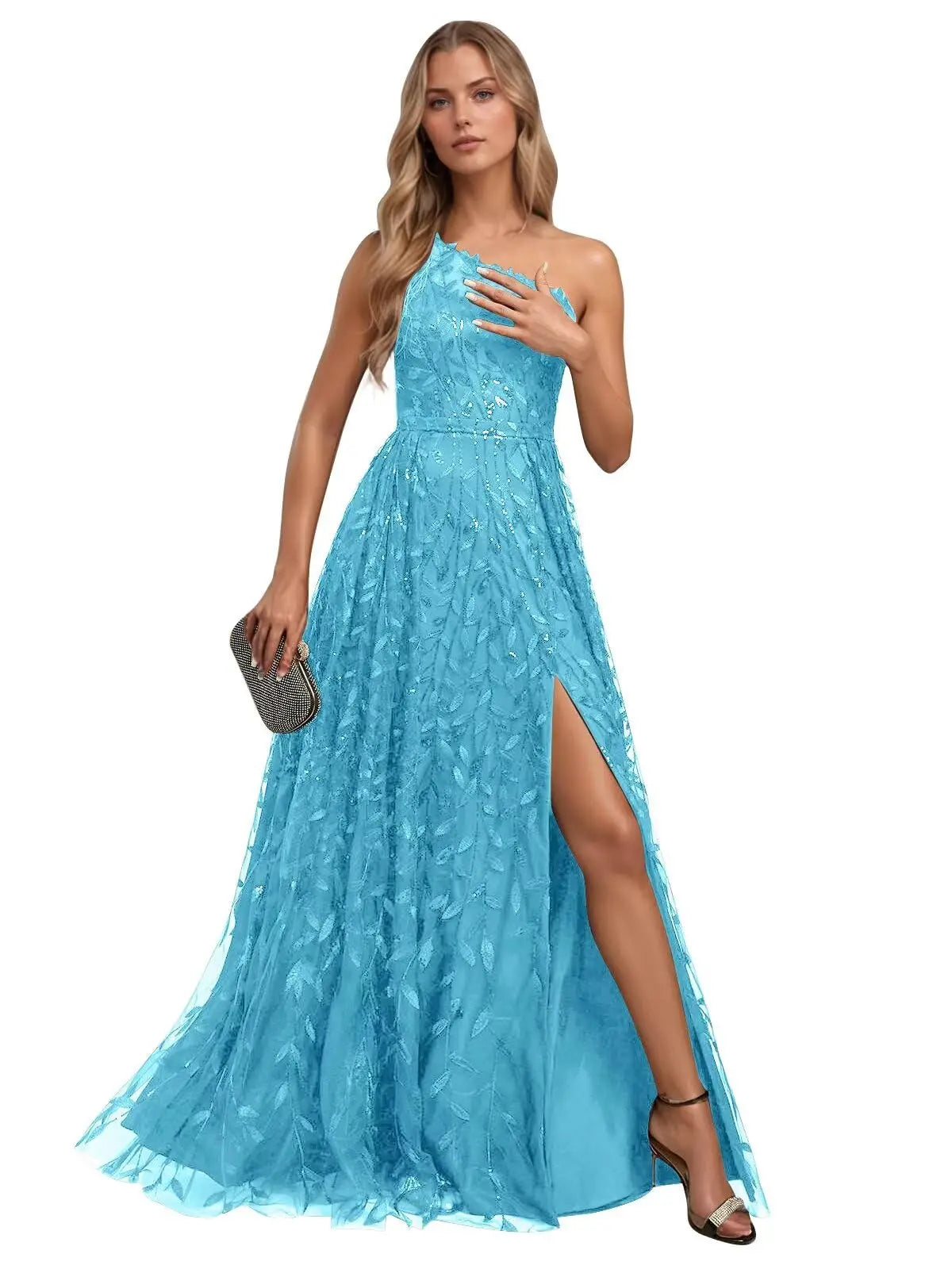 One Shoulder Lace Prom Dress with Slit