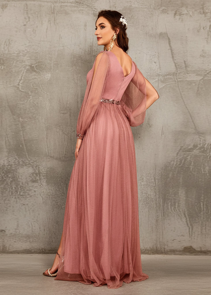V-Neck Appliqué Slit Evening Gown