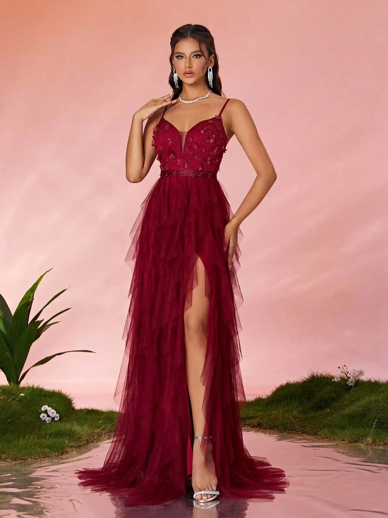 V-Neck Embroidered High Slit Maxi Dress