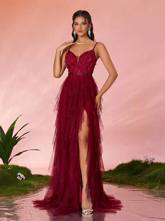 V-Neck Embroidered High Slit Maxi Dress