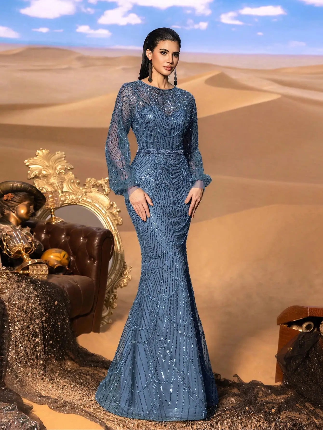 Elegant and luxurious sequined mermaid long-sleeved evening dresses, adorned with sparkling crystal beads.