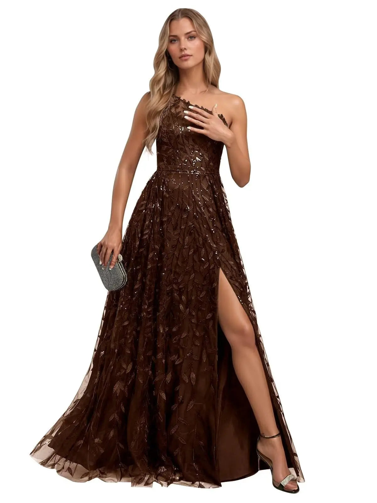 One Shoulder Lace Prom Dress with Slit