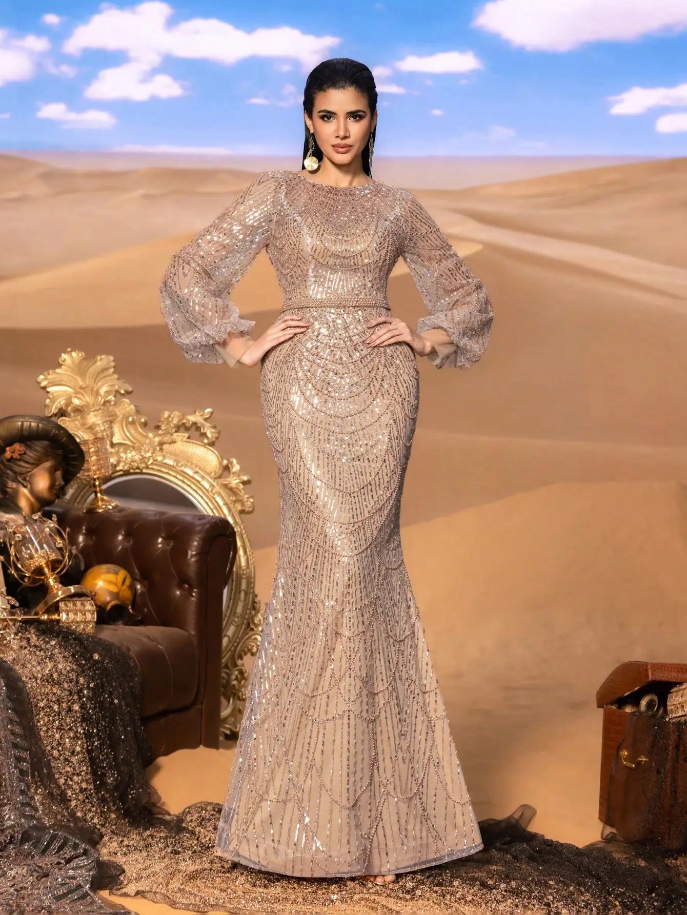 Elegant and luxurious sequined mermaid long-sleeved evening dresses, adorned with sparkling crystal beads.