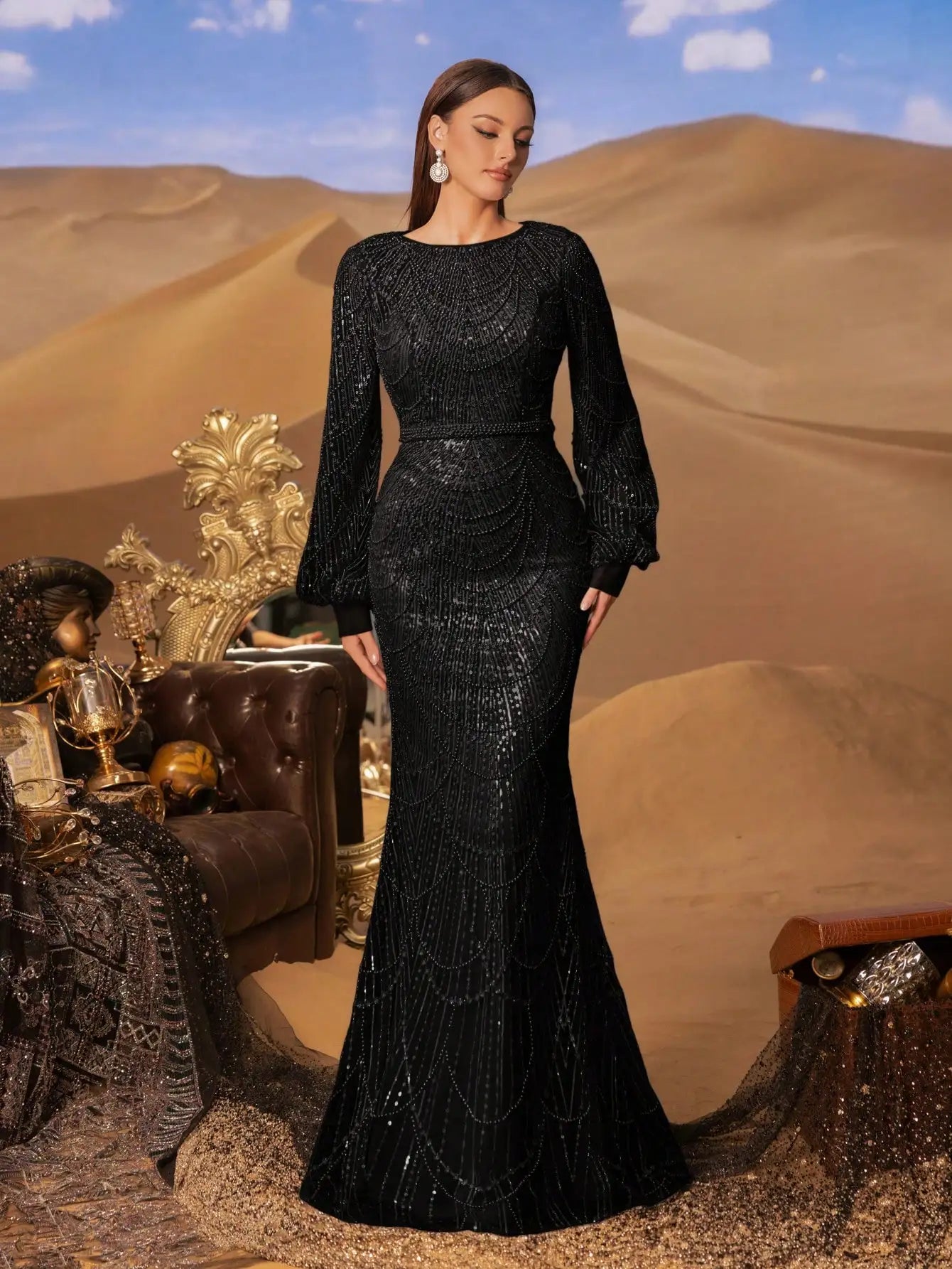 Elegant and luxurious sequined mermaid long-sleeved evening dresses, adorned with sparkling crystal beads.