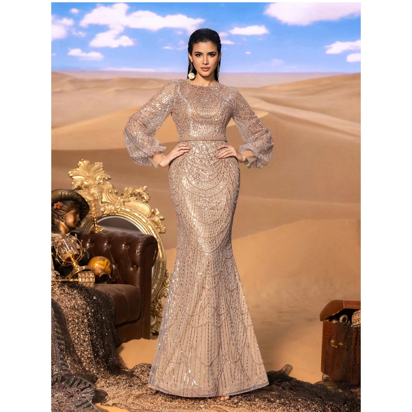Elegant and luxurious sequined mermaid long-sleeved evening dresses, adorned with sparkling crystal beads.