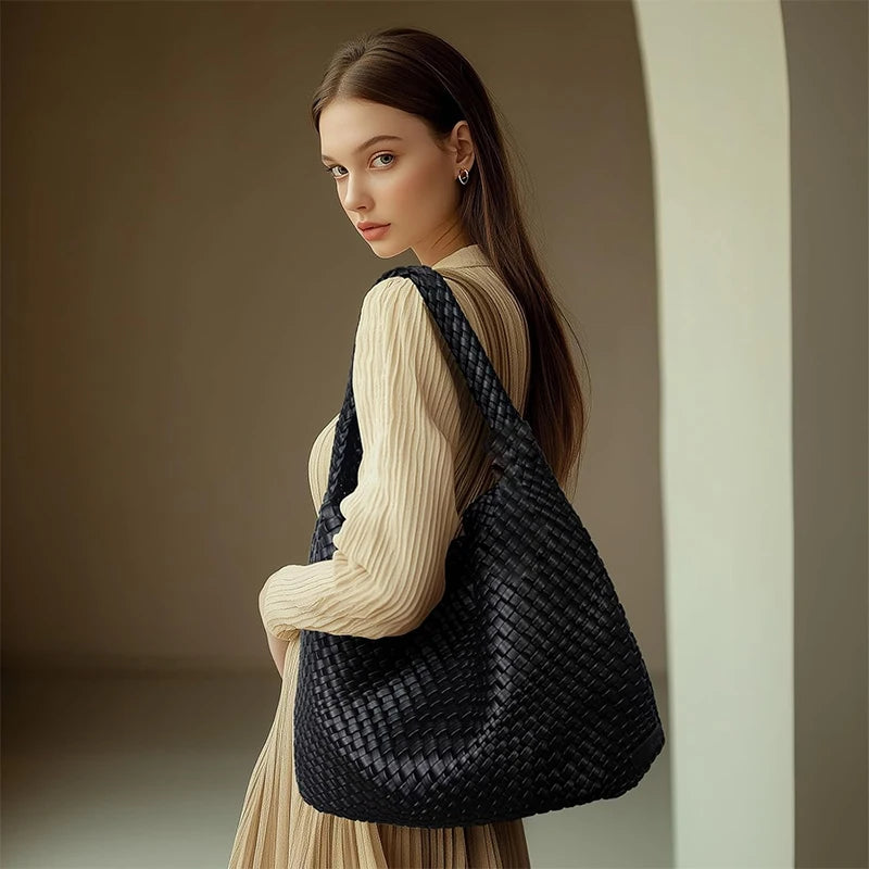 Soft Leather Woven Shopper Tote