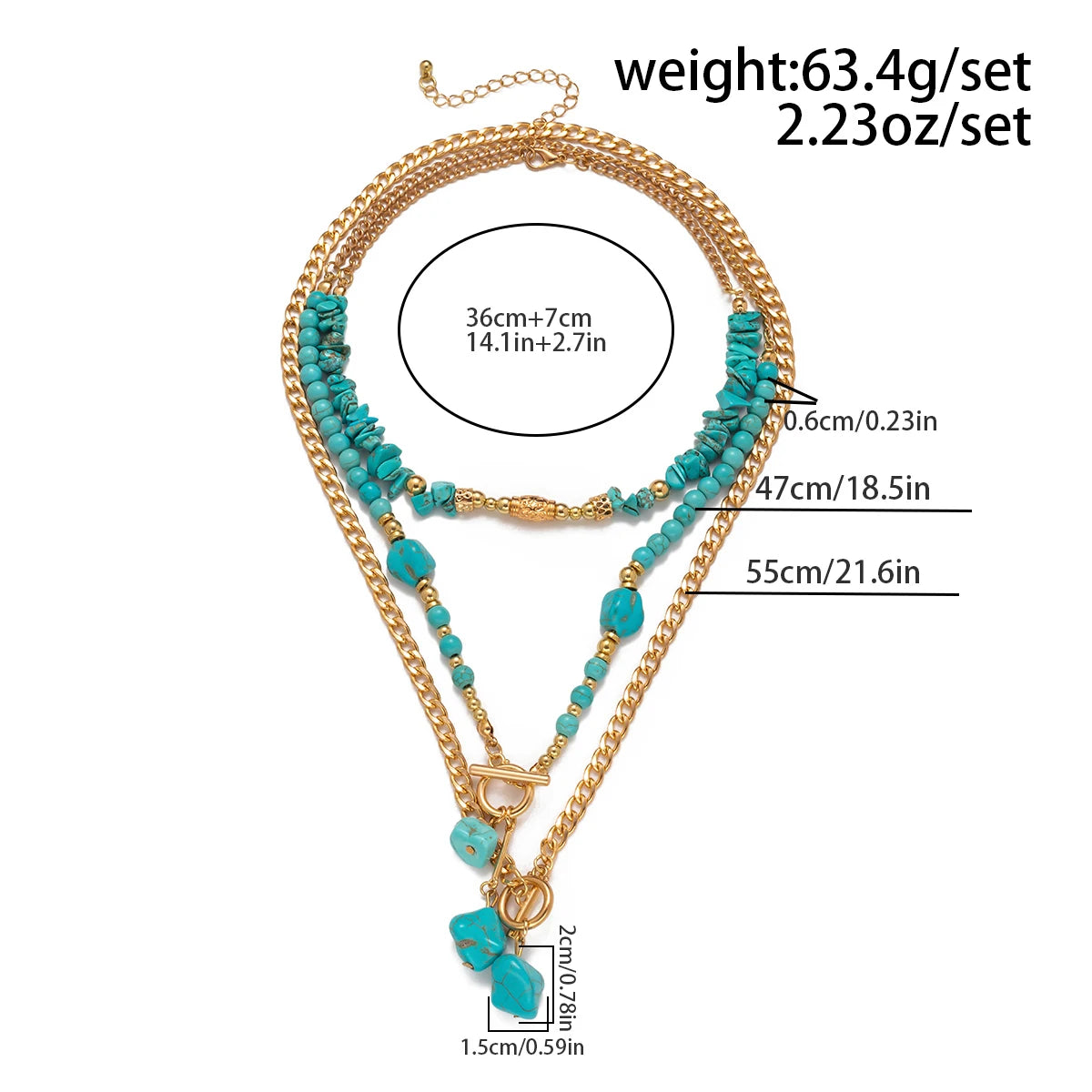 KunJoe 3Pcs Vintage Blue Natural Stone Beads Choker Necklaces for Women Bohemia Geometry Pendant Necklace Trendy Neck Jewelry