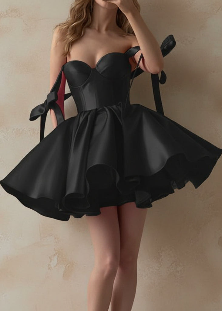 SHANDUAO Short Prom Dress with Bow Sweetheart Cocktail Dress with Bow Satin Short Evening Party Dress for Women Bow Short Homecoming Dresses Black-12