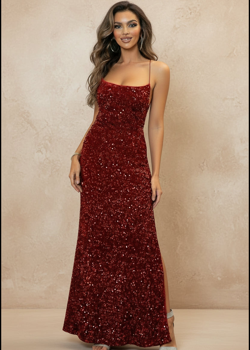Sequin Backless Split Maxi Dress - TrendNest