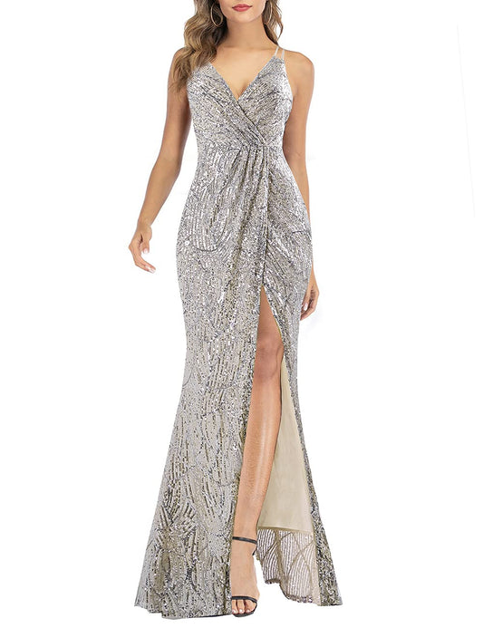 A ARFAR Prom Dress for Women Glitter Evening Party Dress V-Neck Ladies Sexy Split Dress Formal Cocktail Gowns Women Sphagetti Strap Wedding Dress Bodycon Graduation Dress Silver Nude XL