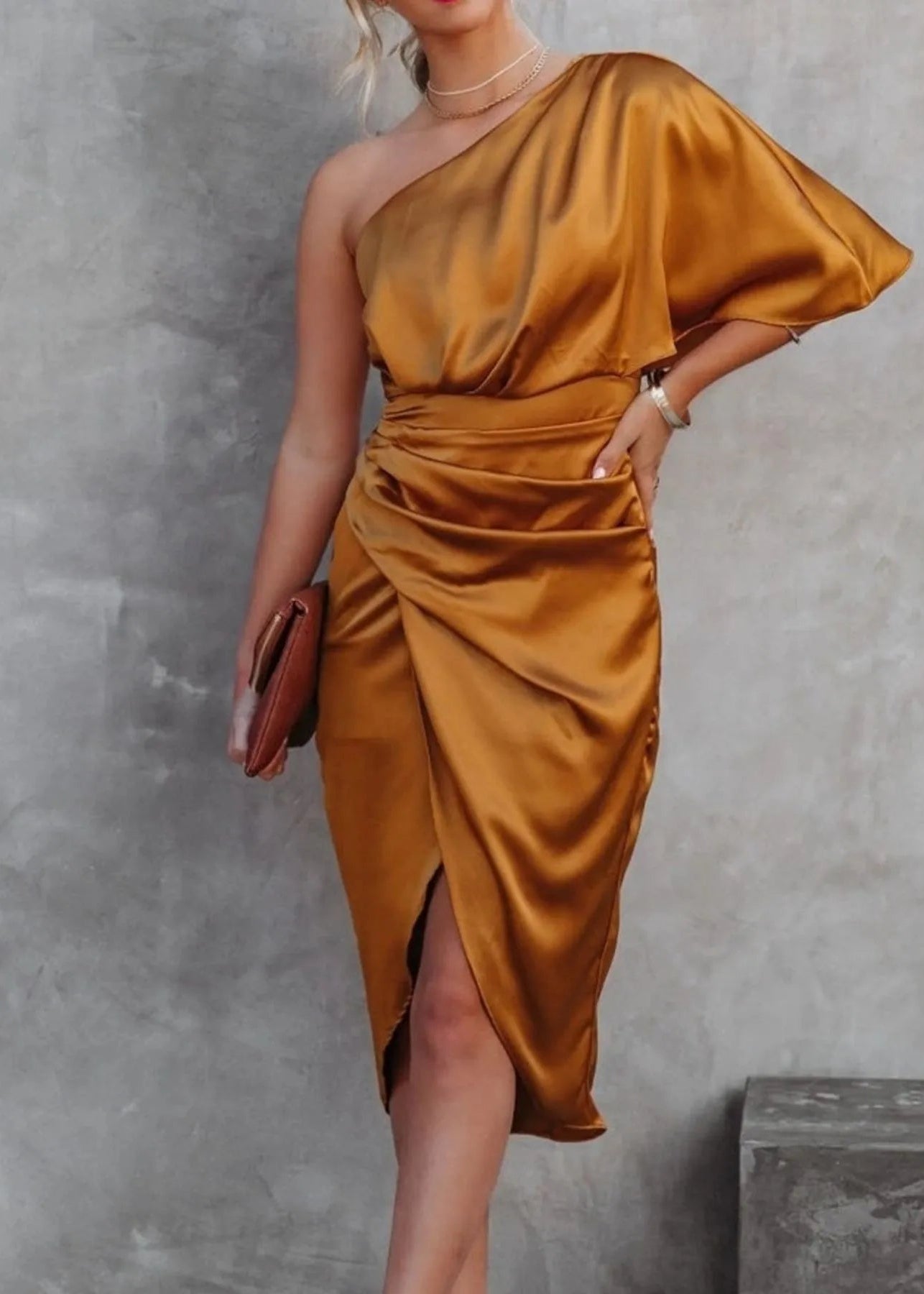 One - Shoulder Satin Wrap Dress with Side Slit - TrendNest