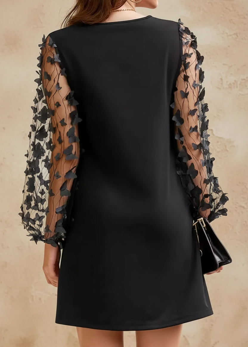 Round Neck Butterfly Mesh Long Sleeve Mini Dress - TrendNest